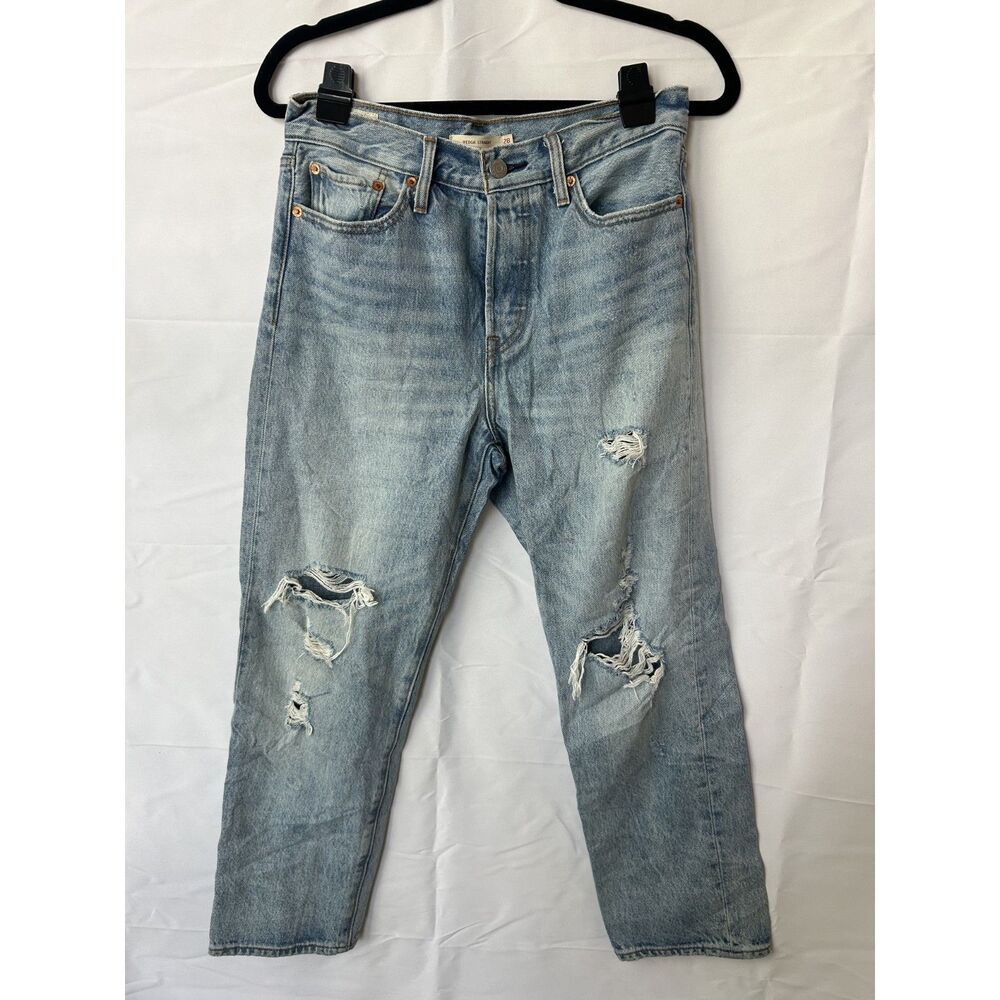 Women's Levis Wedgie Straight Denim Blue Jeans Button Close Size 28 Distressed
